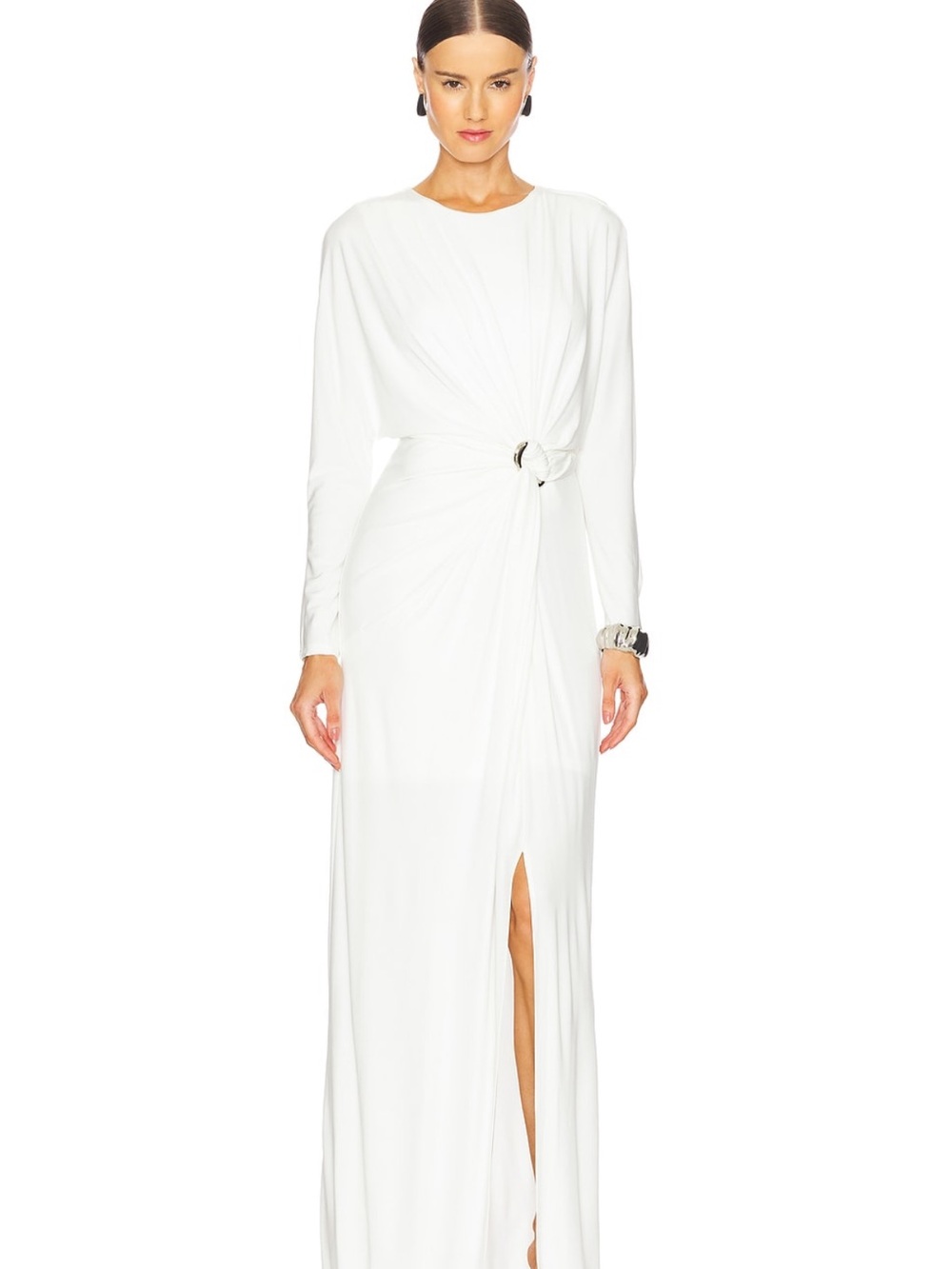White Long-Sleeve Knot-Detail Maxi Dress with Front Slit